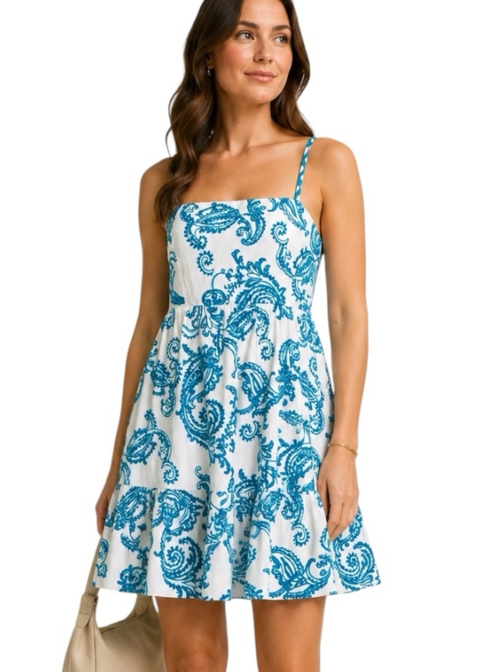 Alice + Olivia Khira Embroidered Mini Dress Bow Back Ivory Turquoise Size 8 Flaw
